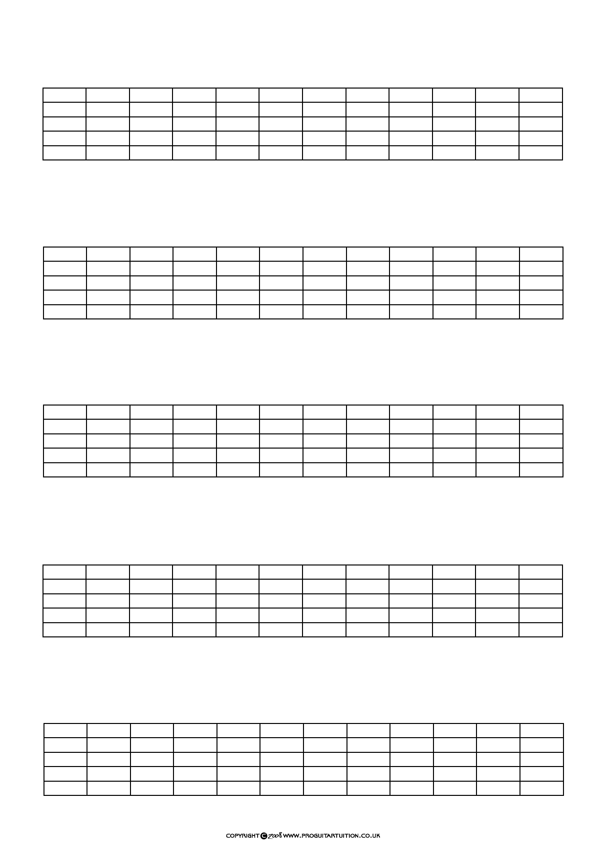 Guitar Neck Diagrams (12 Frets. 5 x Per Page)