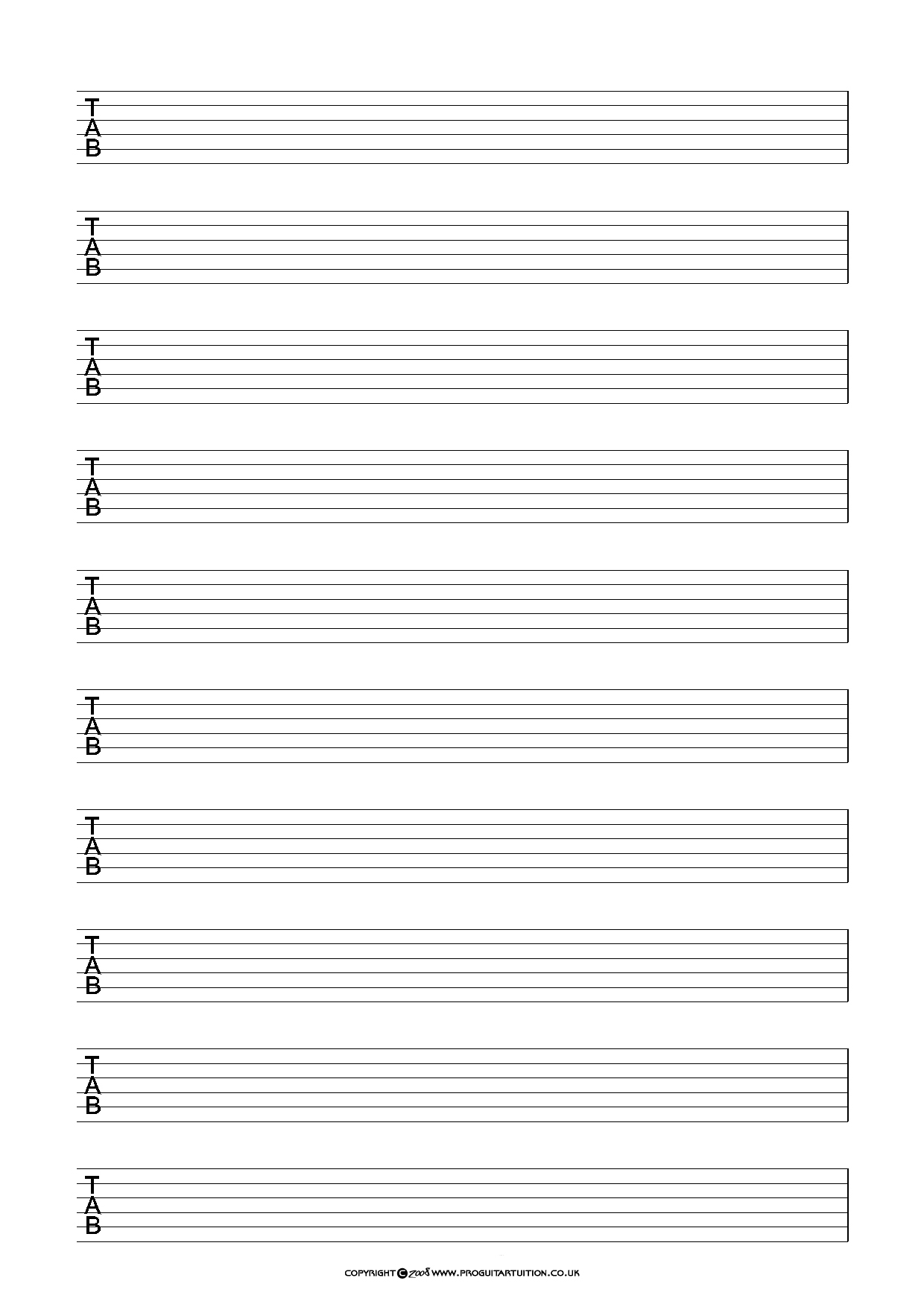 Tablature (6 Line Guitar Tab. 10 x Per Page)